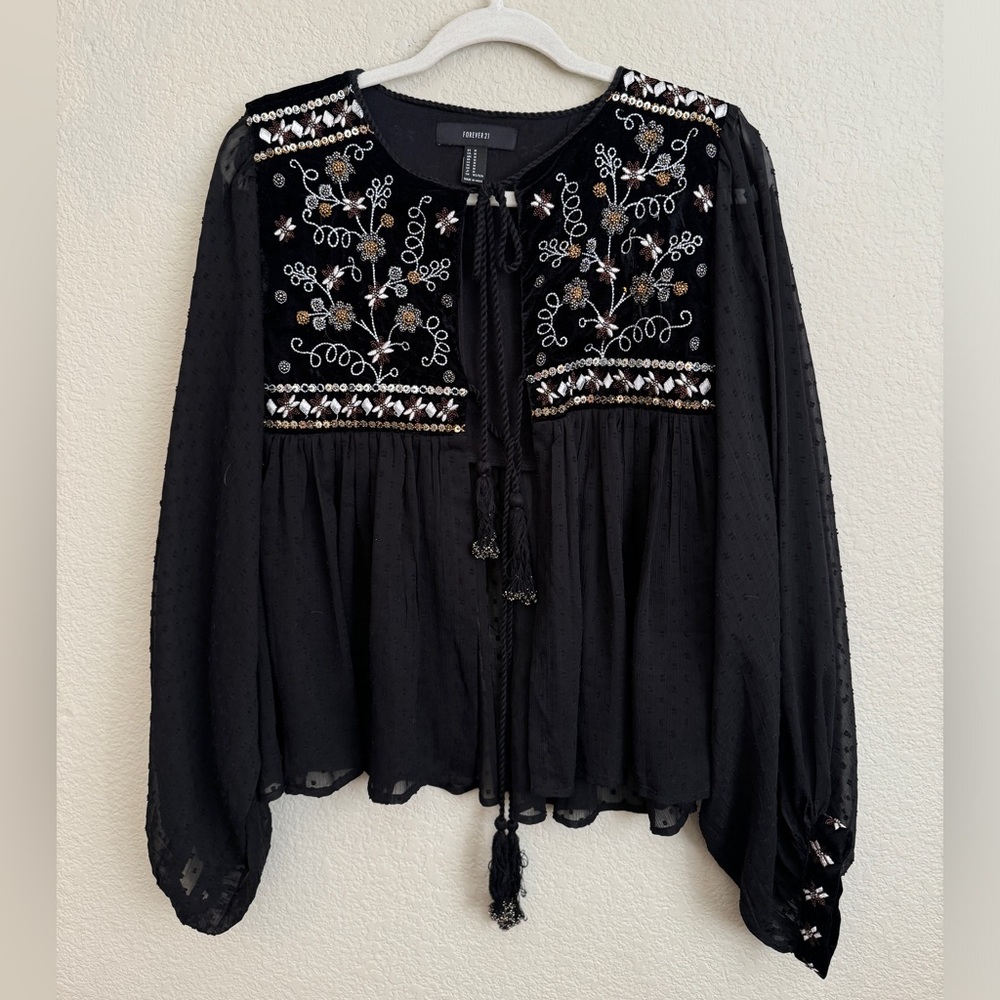 Black embroidered boho blouse